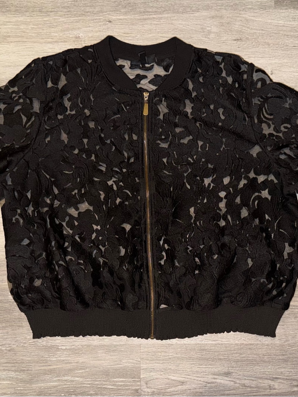 Lane Bryant Black Lace Bomber Jacket with Gold Zipper